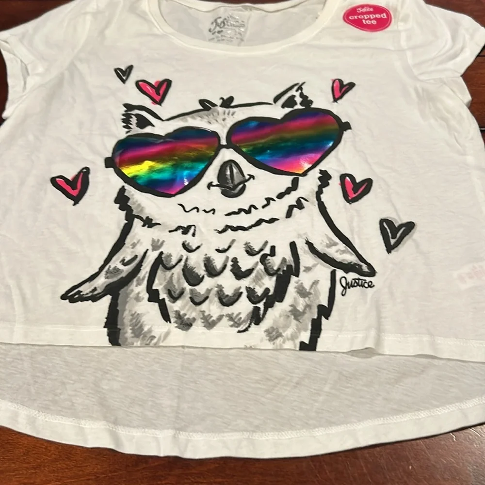 NWT Justice White Cropped Owl Heart Rainbow Glasses Size 18